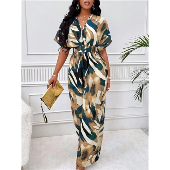 Allover Print Batwing Sleeve Belted Jumpsuit For Summer